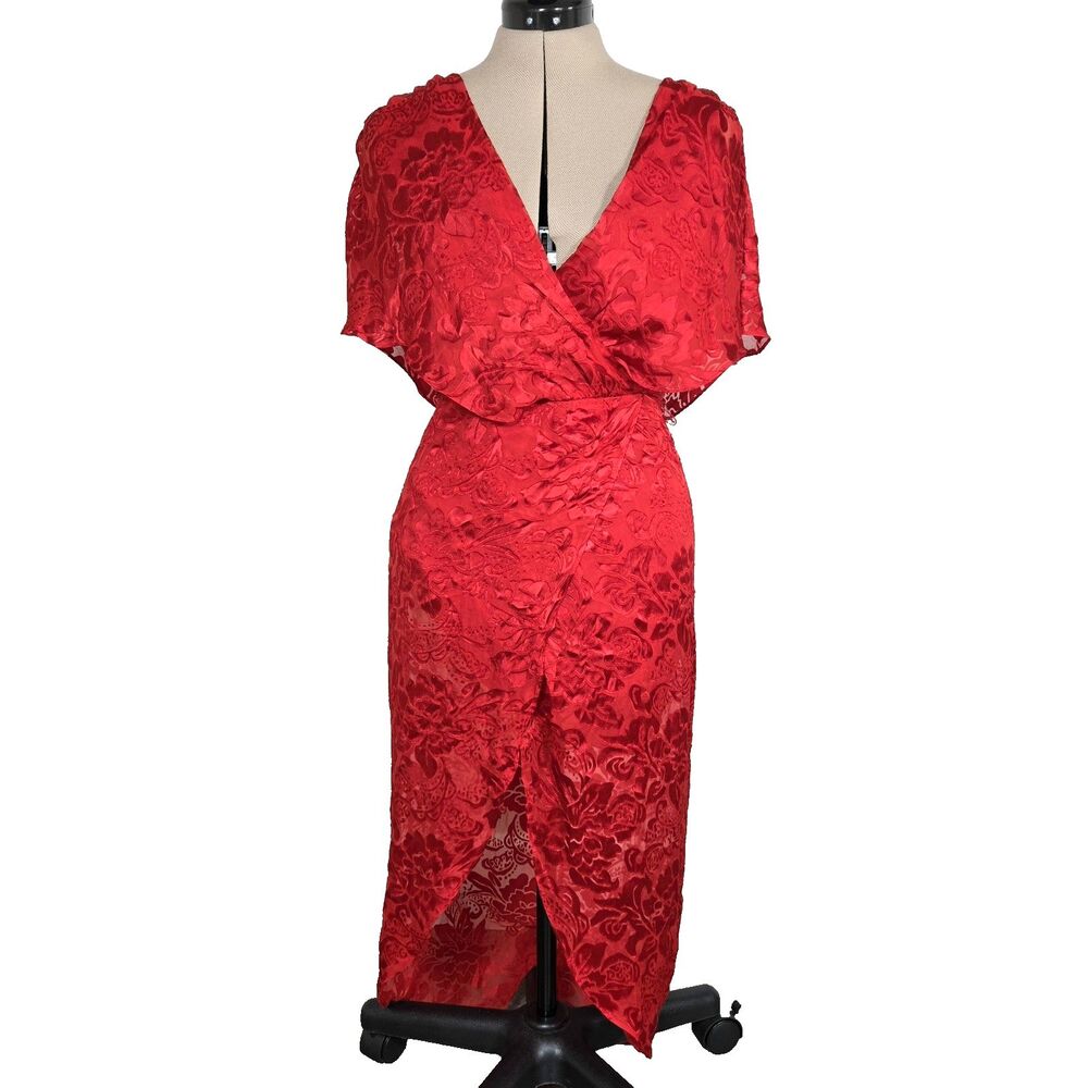 Alice + Olivia Red Floral Faux Wrap Dress Size 6 Silk Blend Deep V Lined